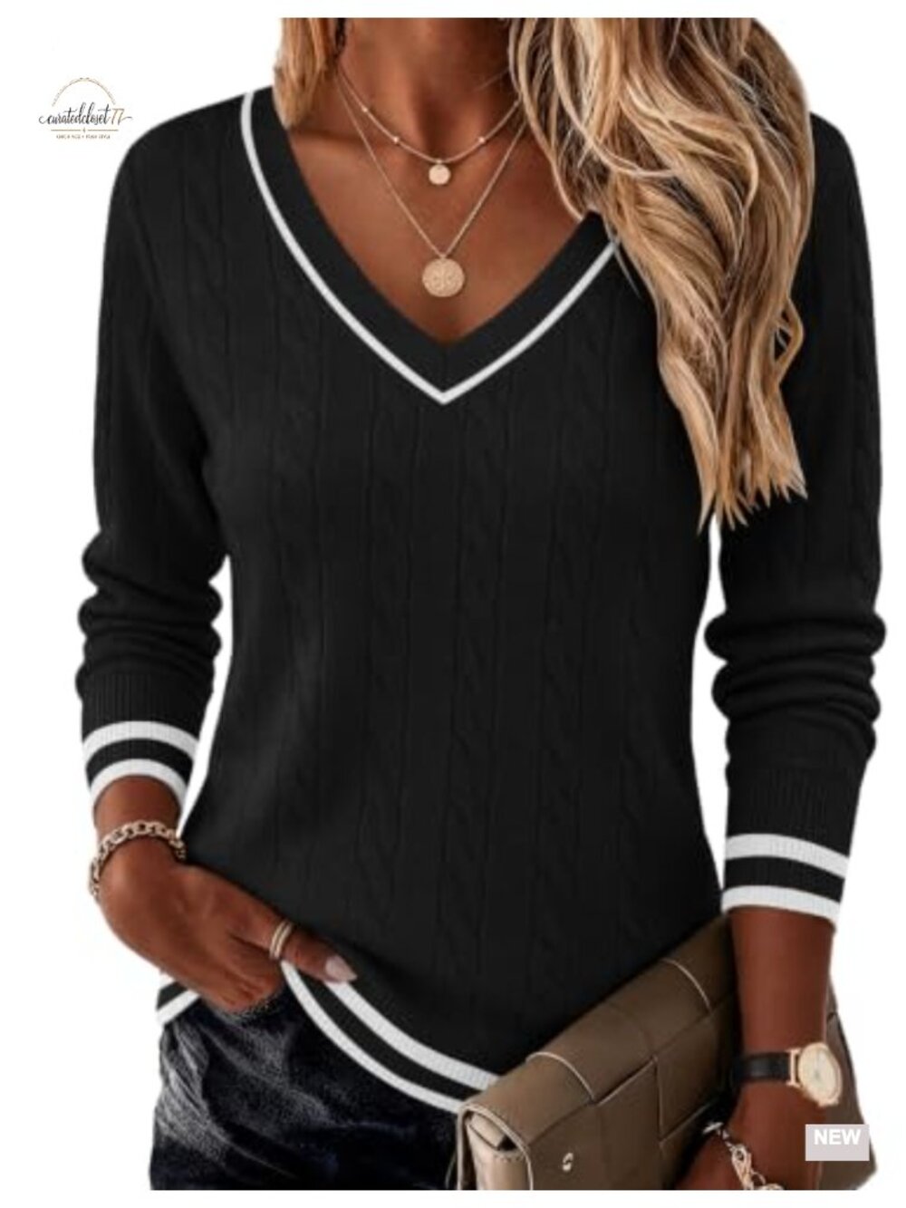 Ekouaer Womens Cable Knit V Neck Sweater Long Sleeve Fall Winter Pullover